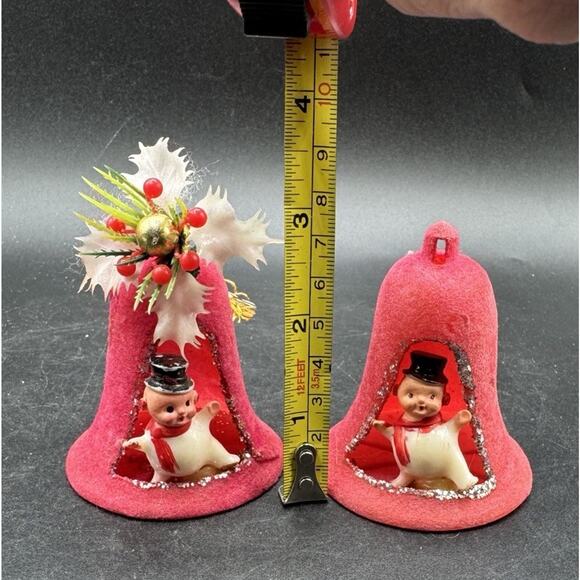 2 Vintage 1950’s Christmas Ornaments Flocked Bells With Baby New Year MCM -S1W - Picture 3 of 11